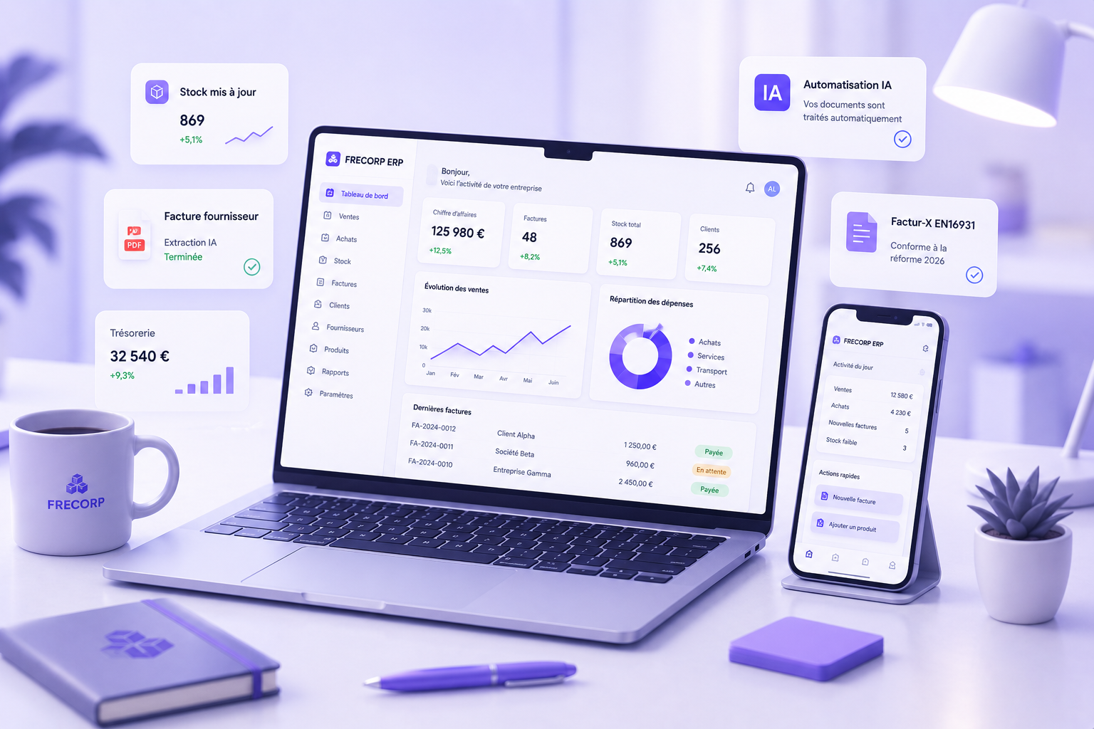 Aperçu FRECORP ERP : dashboard, KPI, factures, automatisation IA